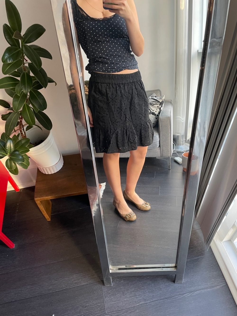 LOFT Black Eyelet Tiered Mini Skirt